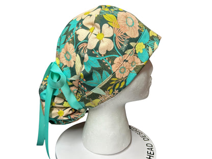 Art Gallery Spring Floral Ponytail Scrub Hat: Teal and Peach Floral