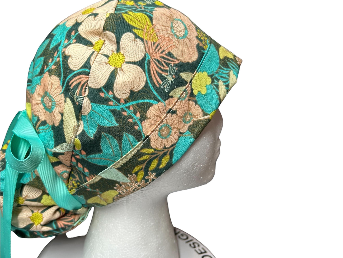 Art Gallery Spring Floral Ponytail Scrub Hat: Teal and Peach Floral