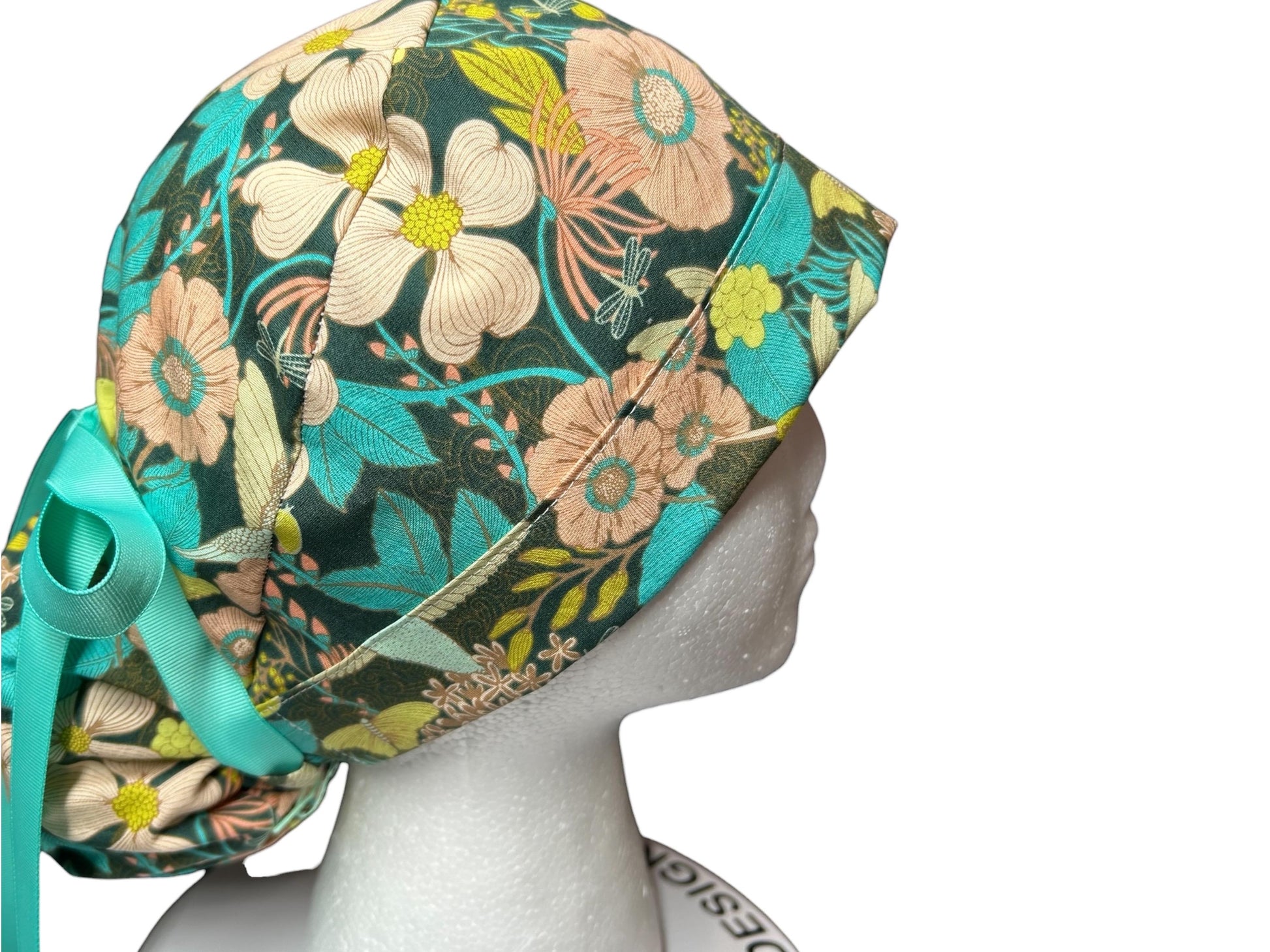 Art Gallery Spring Floral Ponytail Scrub Hat: Teal and Peach Floral