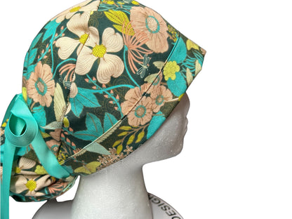 Art Gallery Spring Floral Ponytail Scrub Hat: Teal and Peach Floral