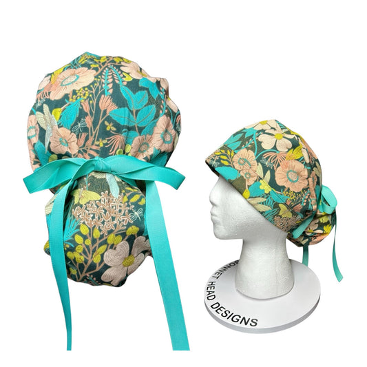 Art Gallery Spring Floral Ponytail Scrub Hat: Teal and Peach Floral