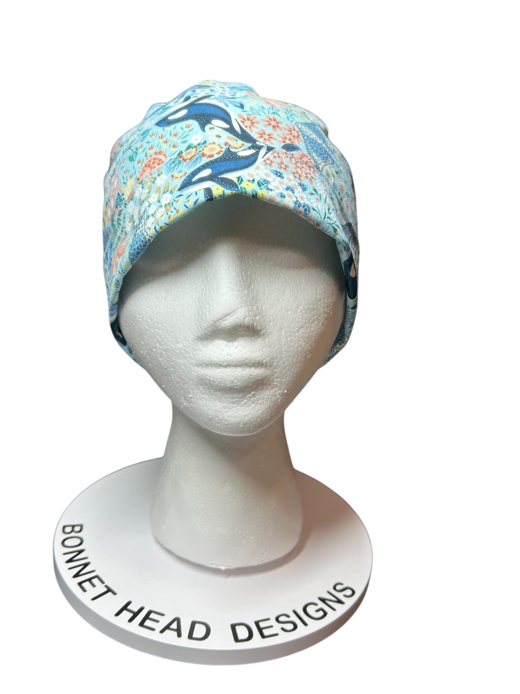 Ocean Orca Whale Floral Ponytail Scrub Hat| spring scrub cap for women with optional satin lining