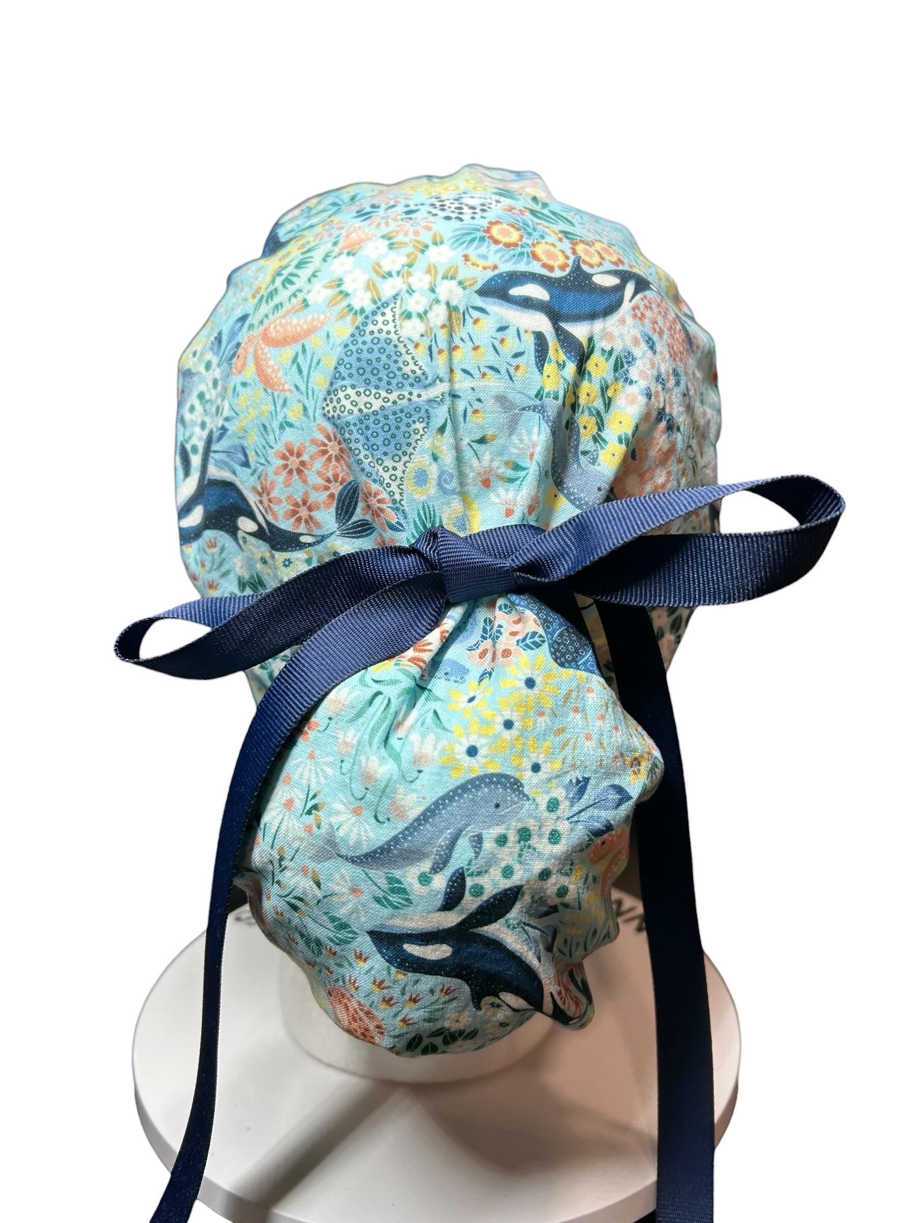 Ocean Orca Whale Floral Ponytail Scrub Hat| spring scrub cap for women with optional satin lining