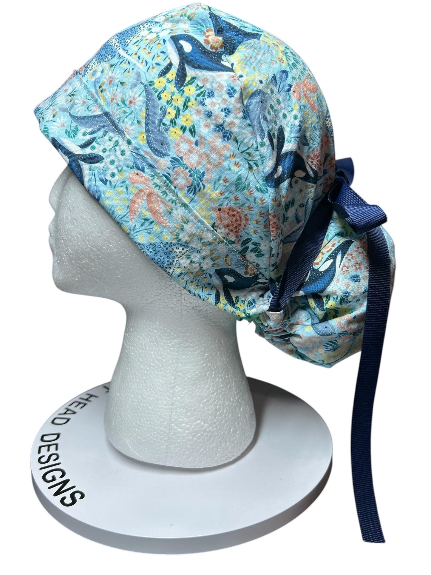 Ocean Orca Whale Floral Ponytail Scrub Hat| spring scrub cap for women with optional satin lining