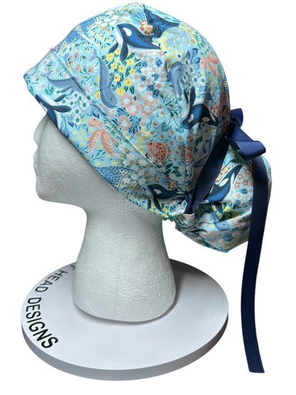 Ocean Orca Whale Floral Ponytail Scrub Hat| spring scrub cap for women with optional satin lining