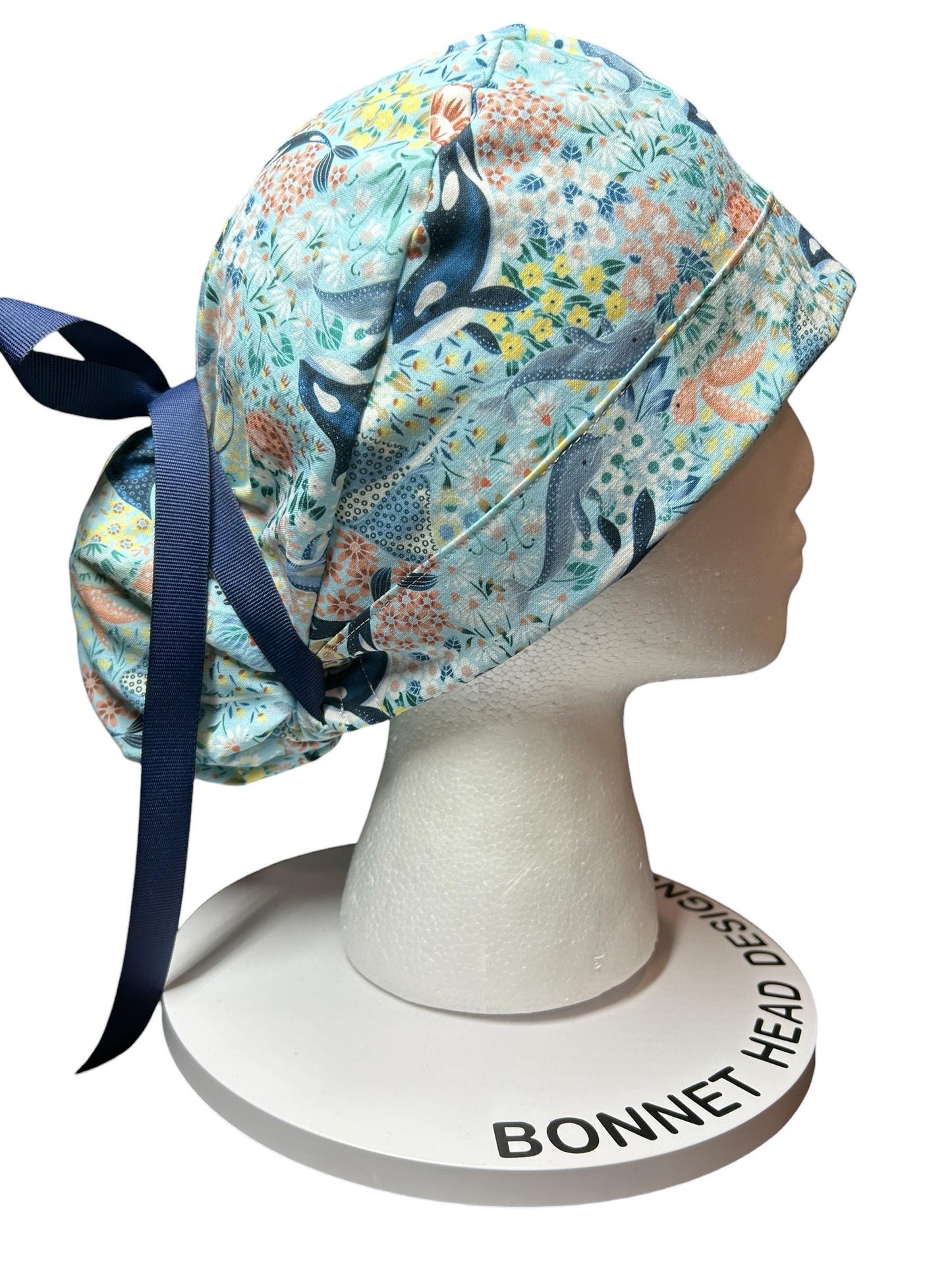 Ocean Orca Whale Floral Ponytail Scrub Hat| spring scrub cap for women with optional satin lining