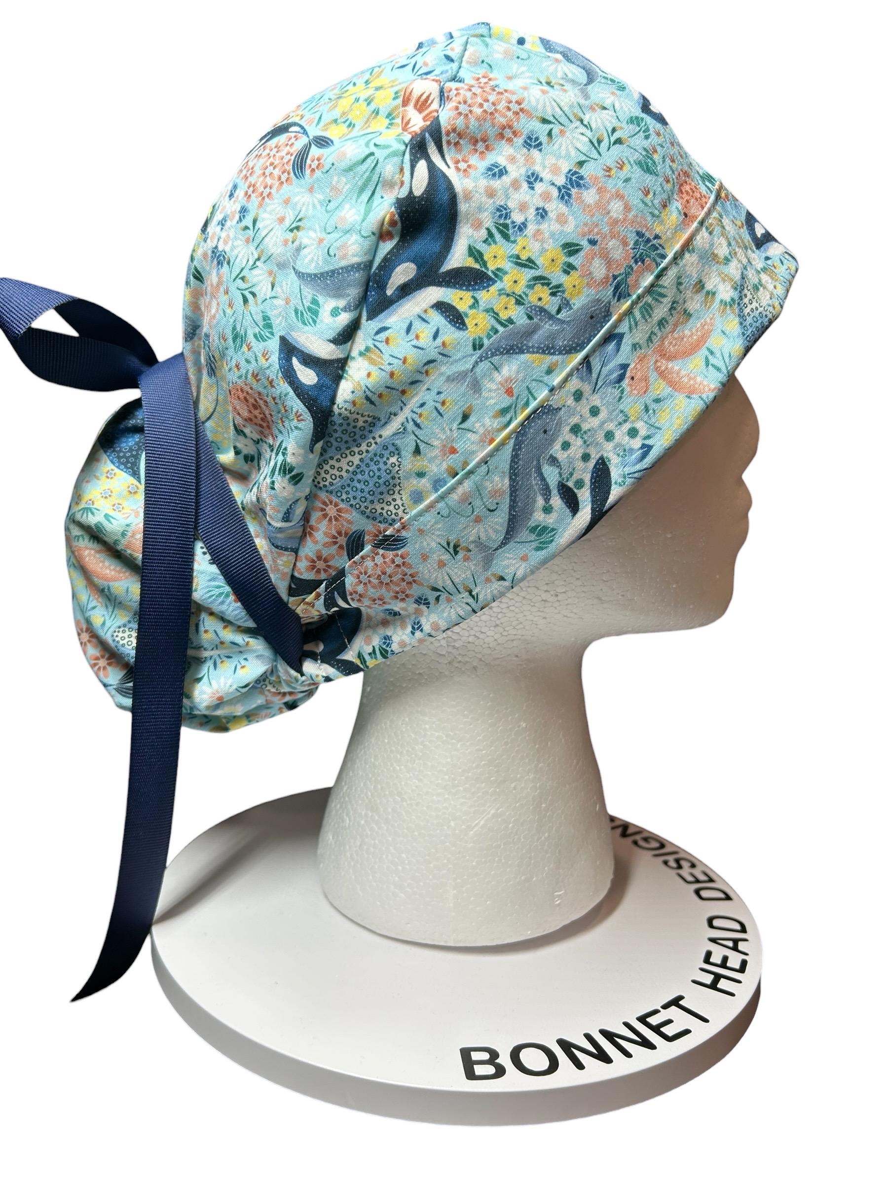 Ocean Orca Whale Floral Ponytail Scrub Hat| spring scrub cap for women with optional satin lining