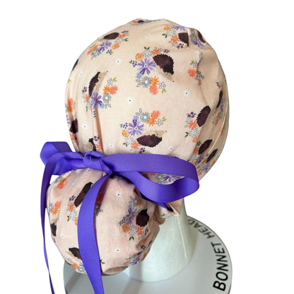 Scrub Caps: Hedgehogs, Adjustable bun Pocket with ribbon ties