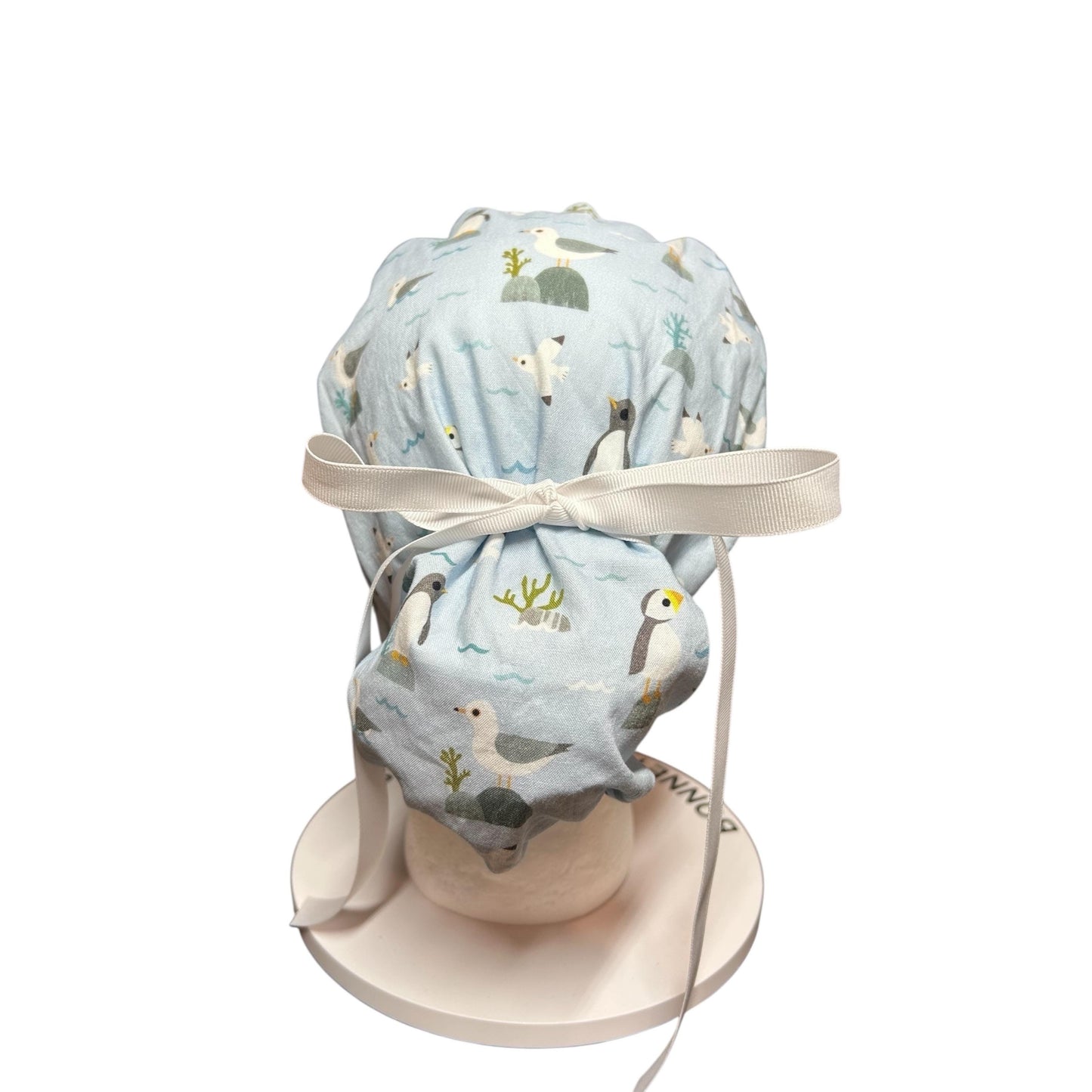Sea Birds Ponytail Scrub Cap: Penguins & Puffins Print, Satin Lining Option