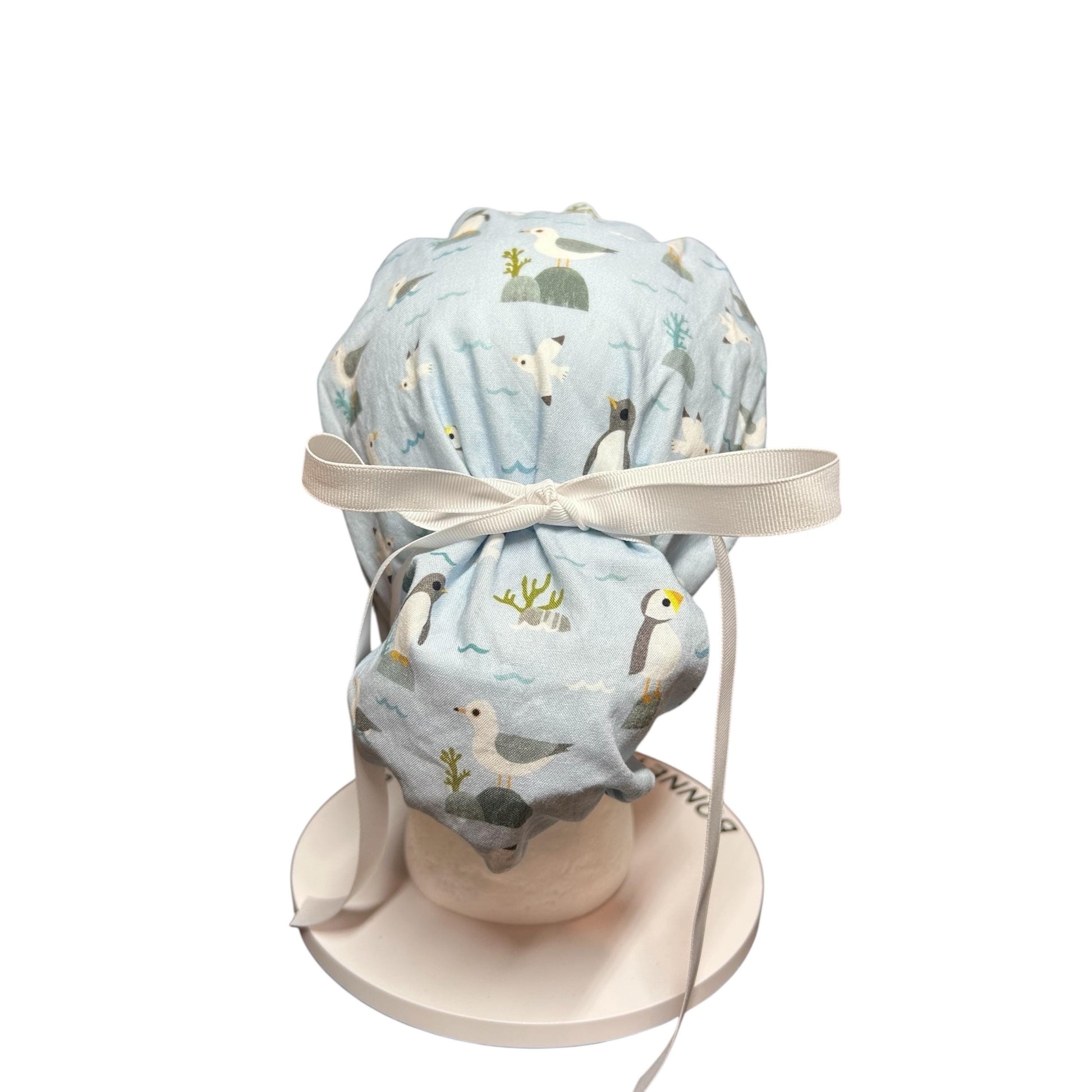 Sea Birds Ponytail Scrub Cap: Penguins & Puffins Print, Satin Lining Option