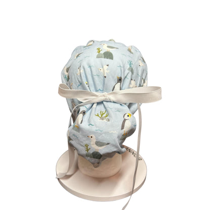 Sea Birds Ponytail Scrub Cap: Penguins & Puffins Print, Satin Lining Option