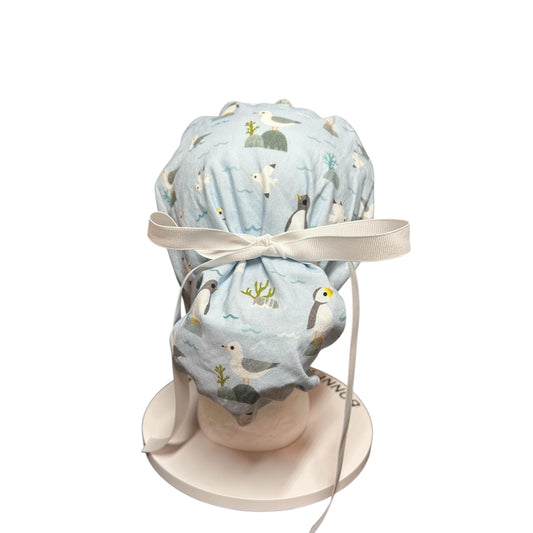 Sea Birds Ponytail Scrub Cap: Penguins & Puffins Print, Satin Lining Option