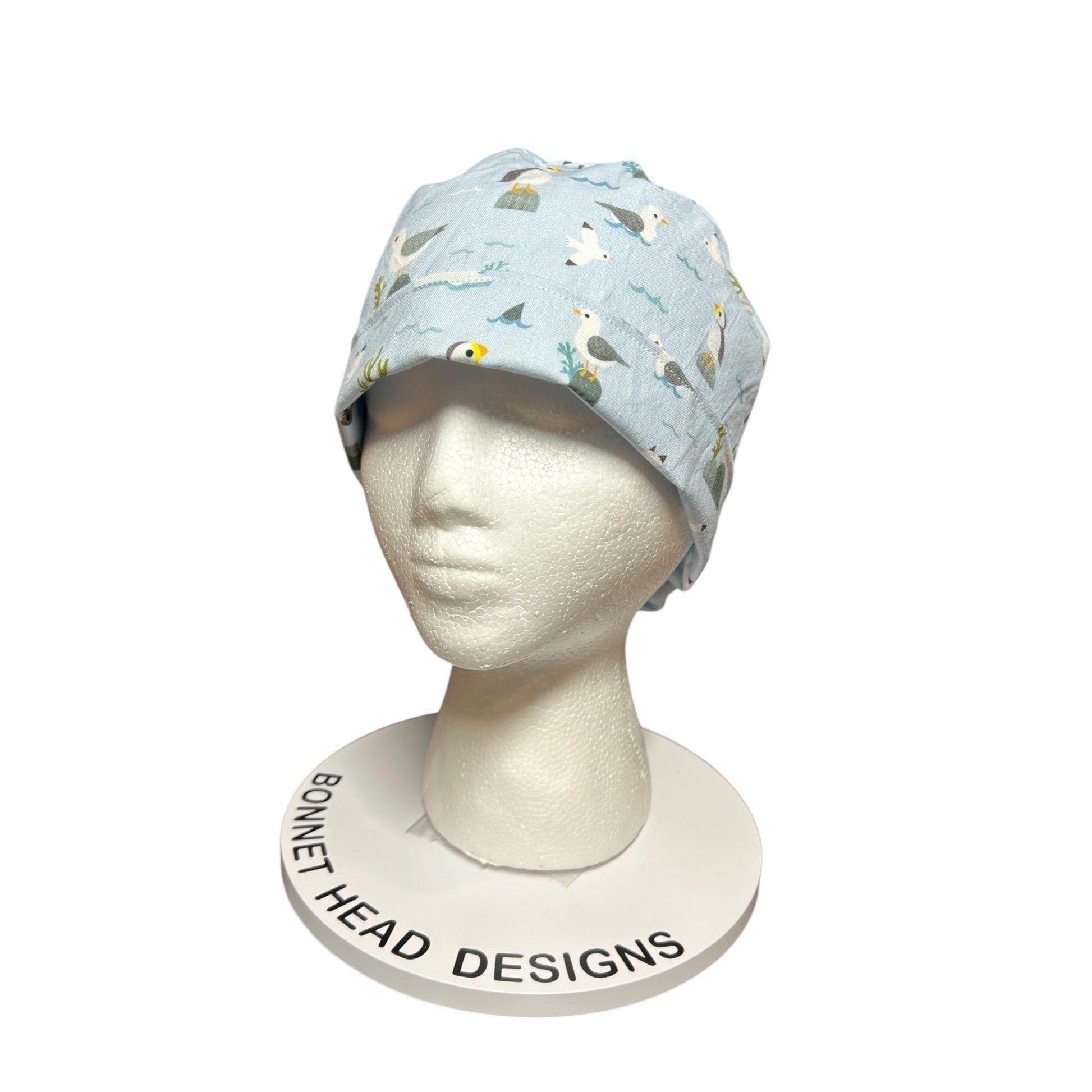 Sea Birds Ponytail Scrub Cap: Penguins & Puffins Print, Satin Lining Option