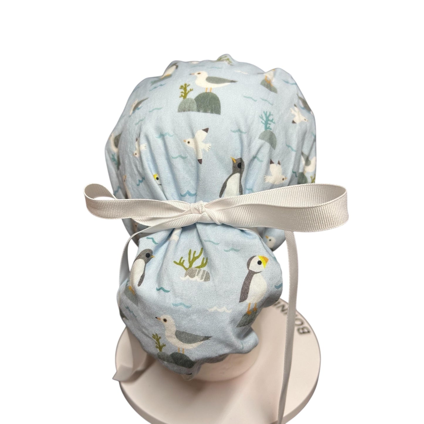 Sea Birds Ponytail Scrub Cap: Penguins & Puffins Print, Satin Lining Option