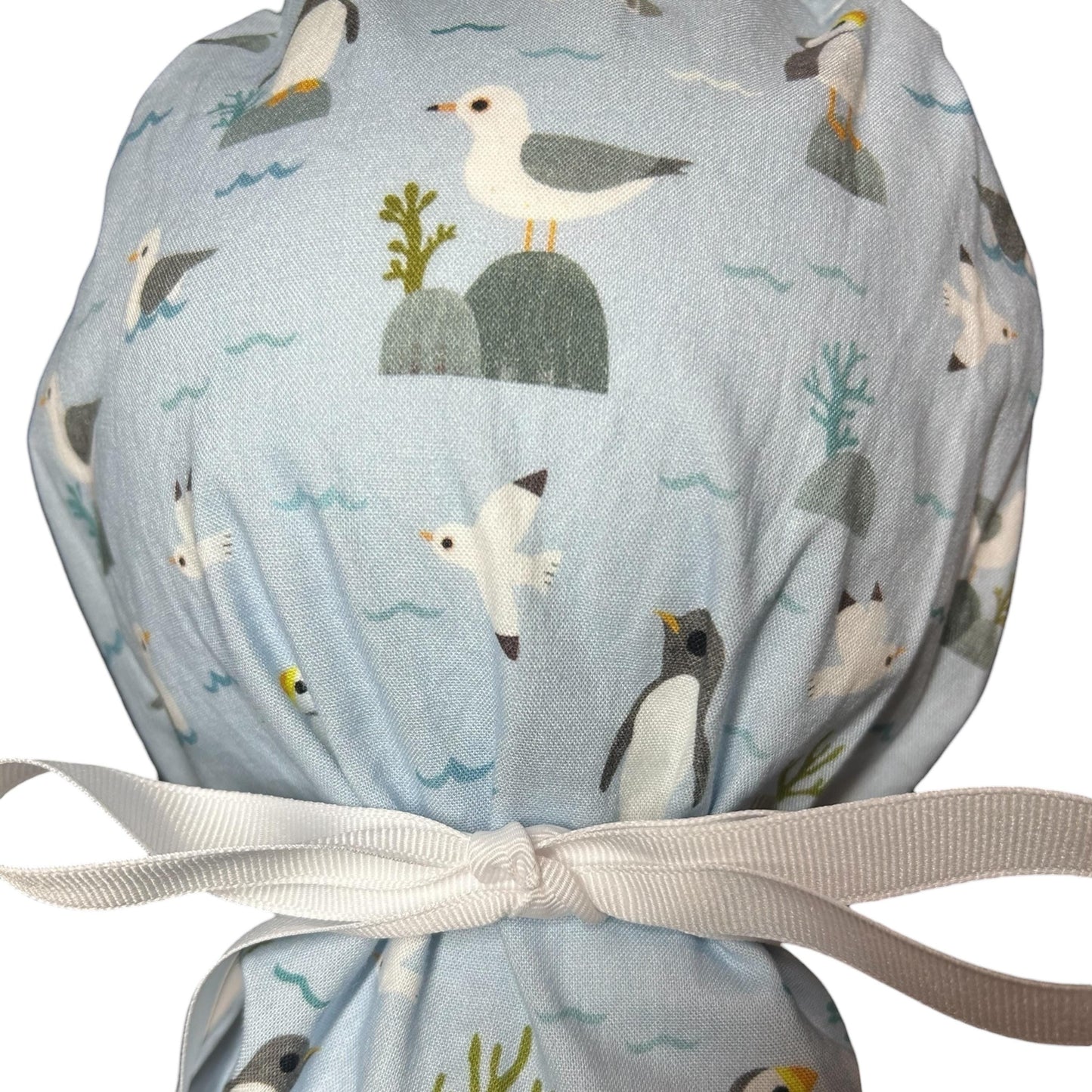 Sea Birds Ponytail Scrub Cap: Penguins & Puffins Print, Satin Lining Option