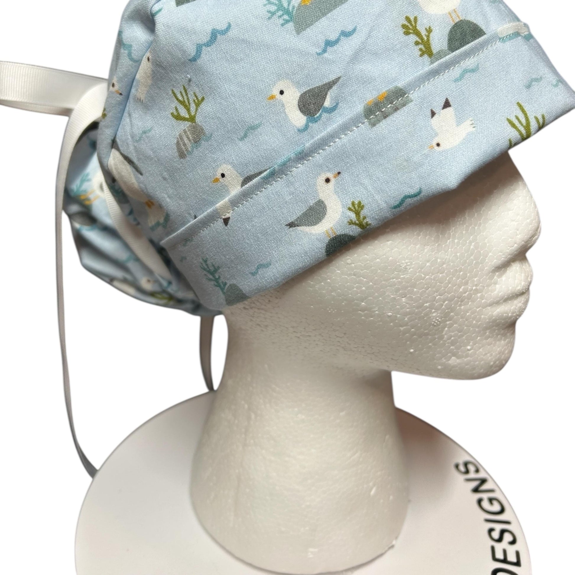 Sea Birds Ponytail Scrub Cap: Penguins & Puffins Print, Satin Lining Option