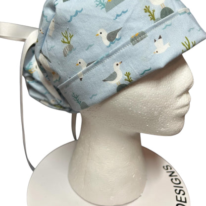 Sea Birds Ponytail Scrub Cap: Penguins & Puffins Print, Satin Lining Option