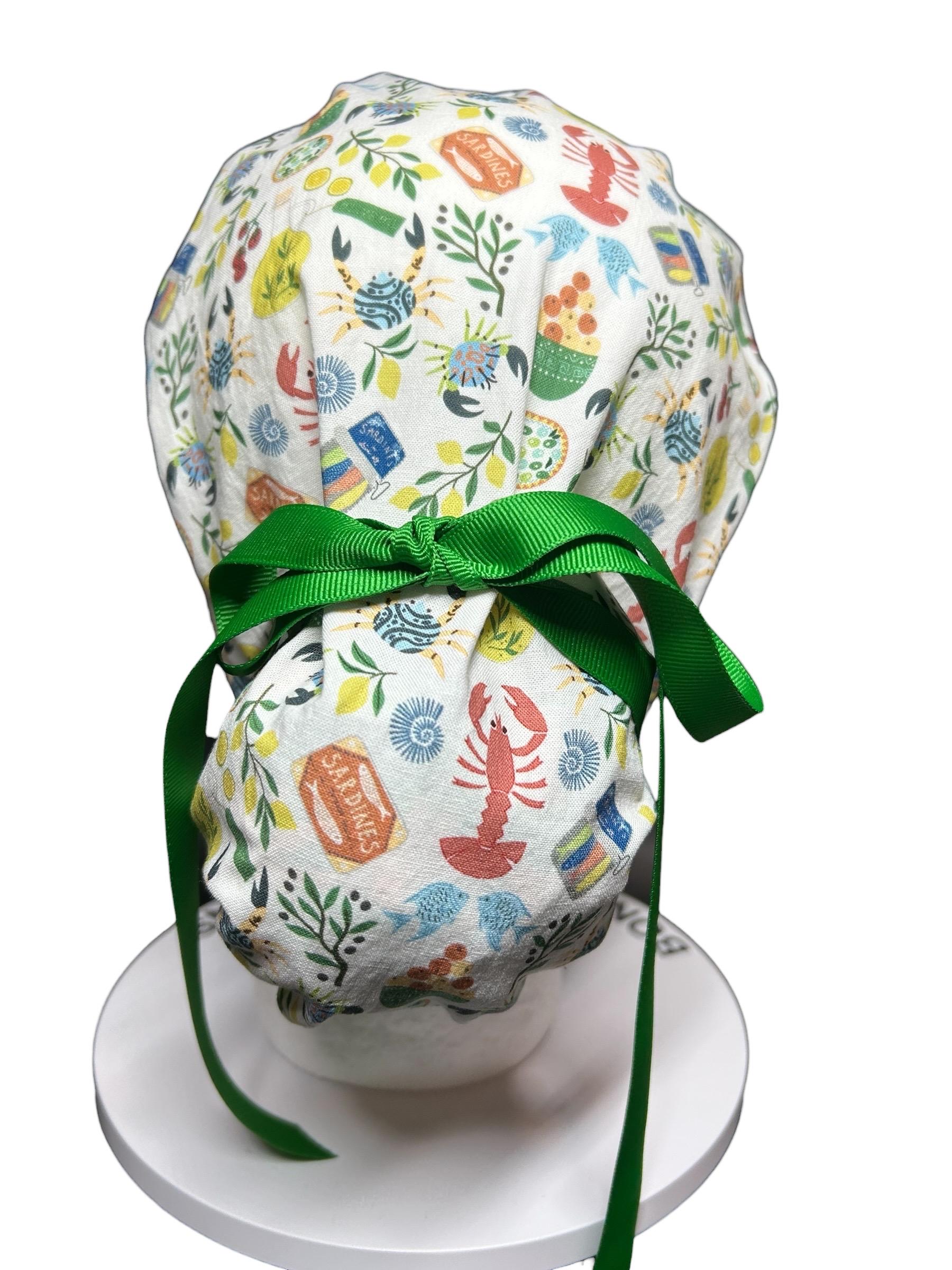 Olive Love You Women’s Ponytail Scrub Cap | fun lobster scrub hat with satin lining option