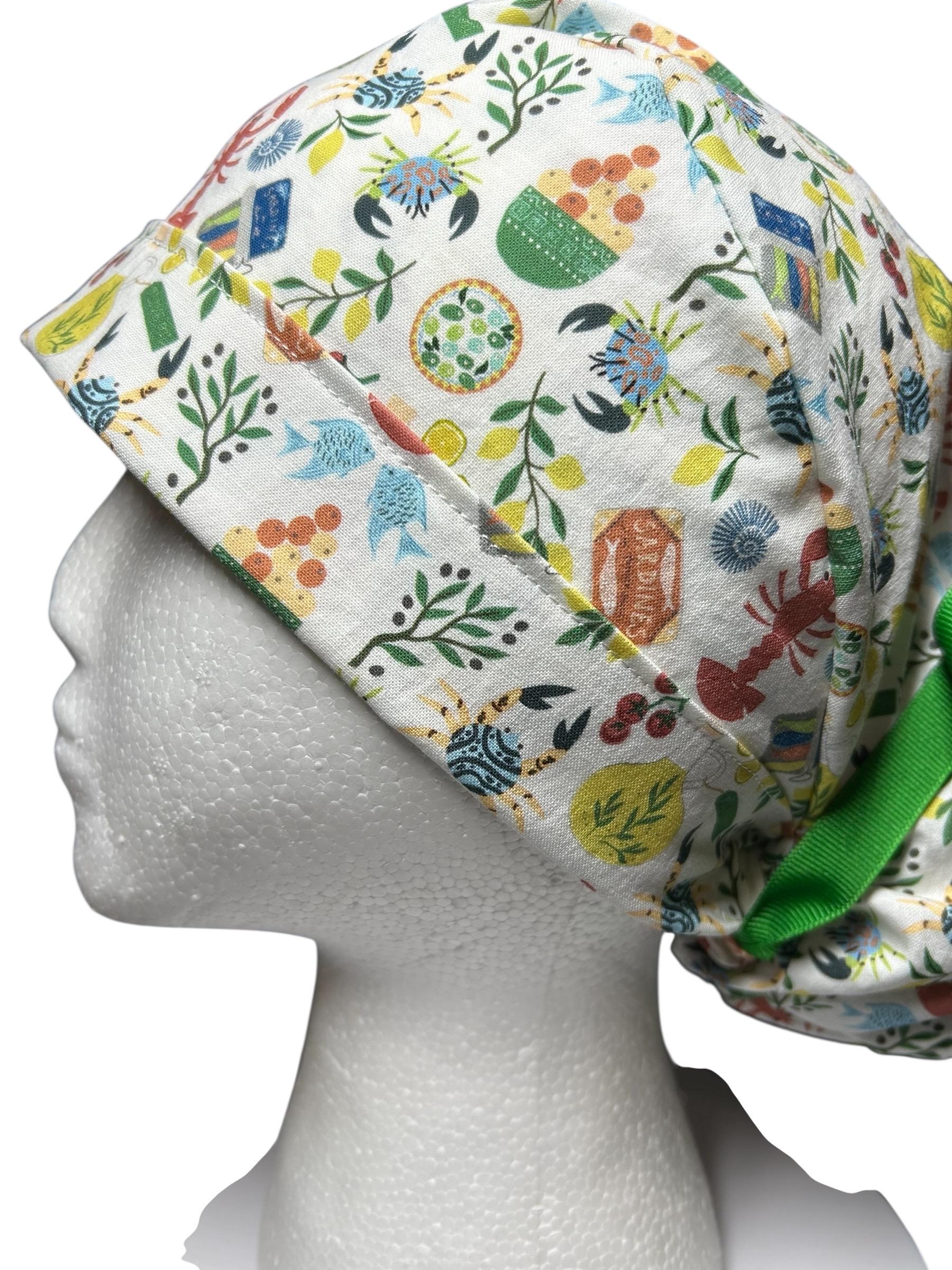 Olive Love You Women’s Ponytail Scrub Cap | fun lobster scrub hat with satin lining option