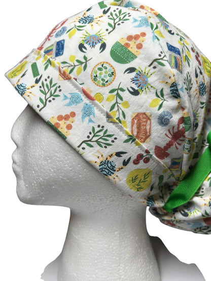 Olive Love You Women’s Ponytail Scrub Cap | fun lobster scrub hat with satin lining option