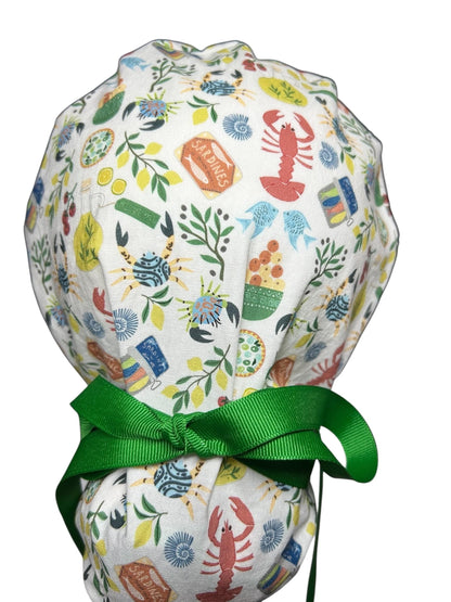 Olive Love You Women’s Ponytail Scrub Cap | fun lobster scrub hat with satin lining option