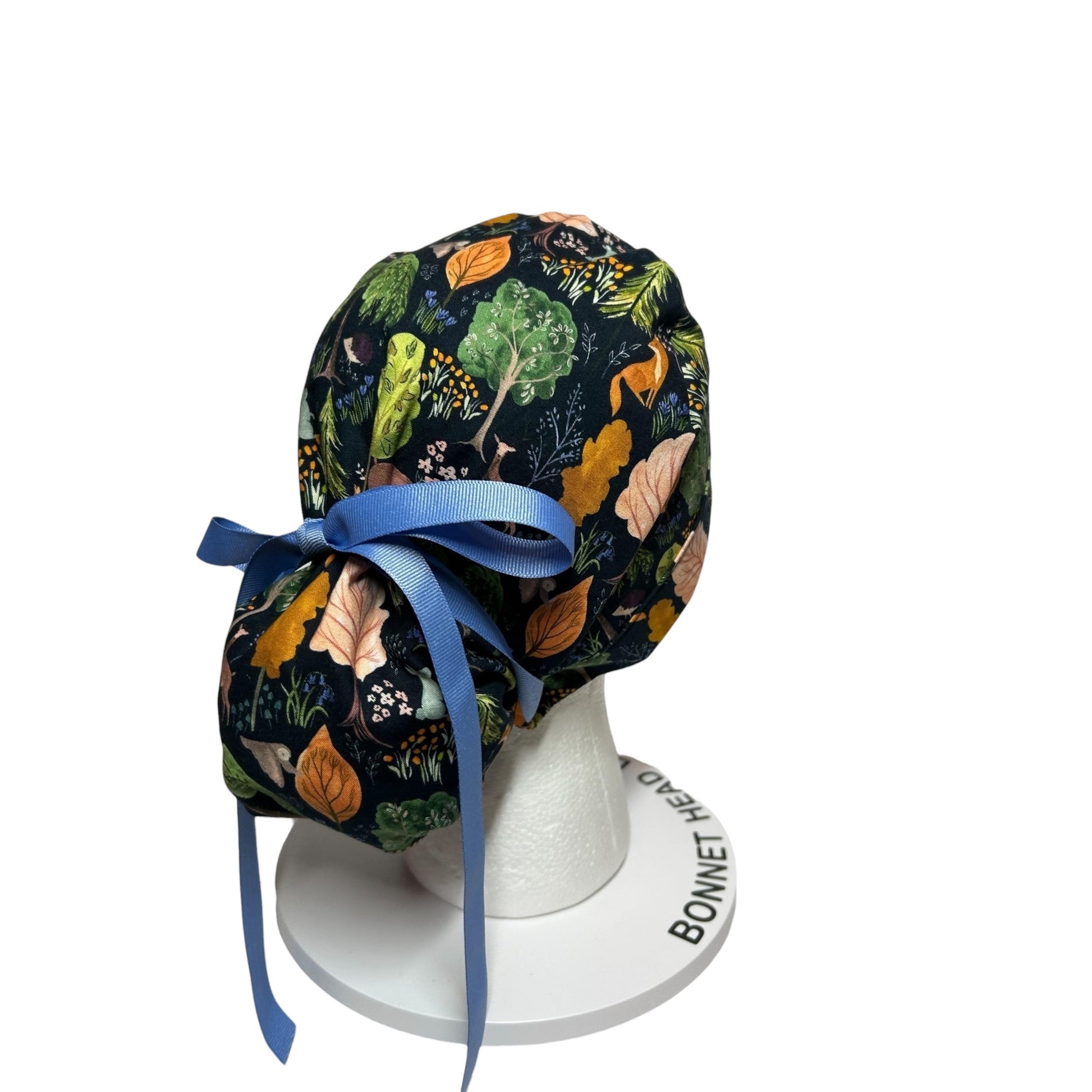 Scrub Caps: Floral Forest Design, mask buttons or satin options, Bonnet Head Designs
