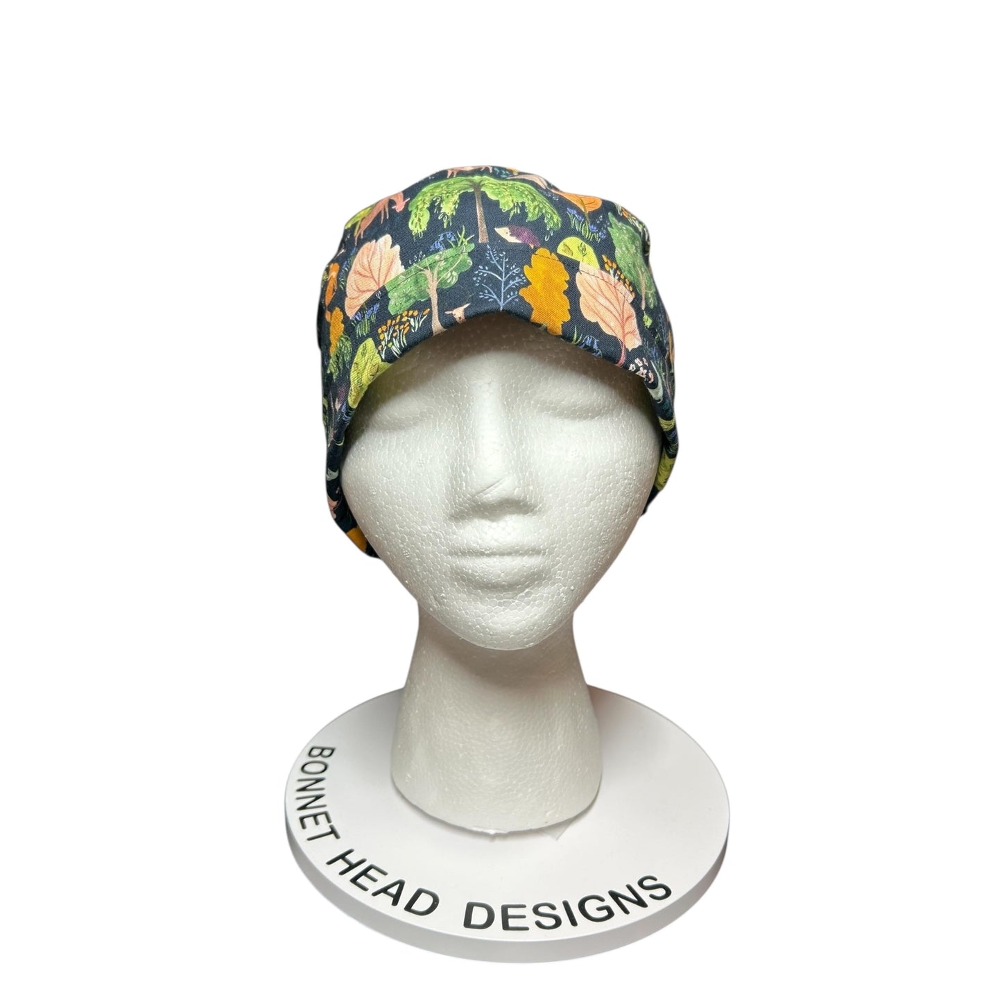 Scrub Caps: Floral Forest Design, mask buttons or satin options, Bonnet Head Designs