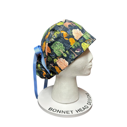 Scrub Caps: Floral Forest Design, mask buttons or satin options, Bonnet Head Designs