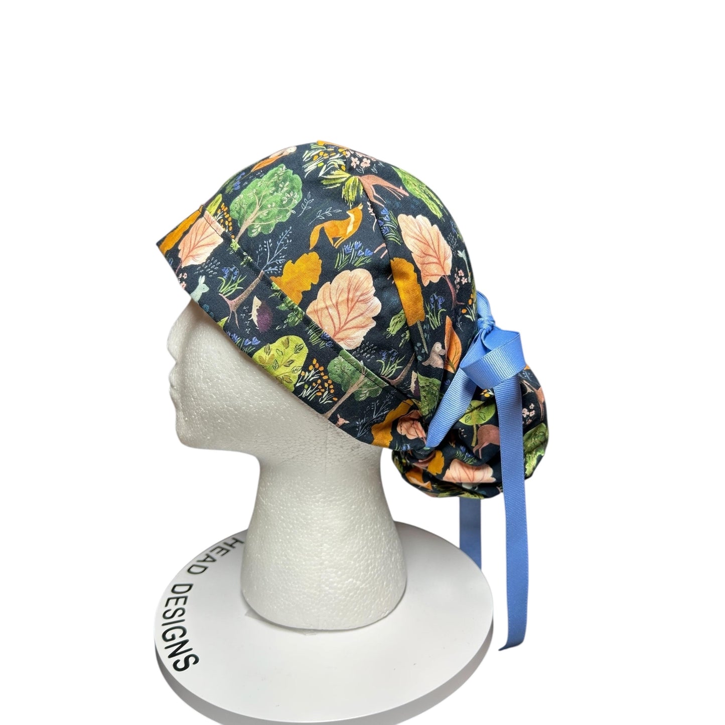 Scrub Caps: Floral Forest Design, mask buttons or satin options, Bonnet Head Designs