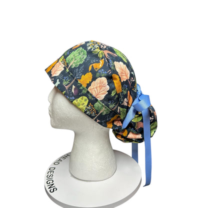 Scrub Caps: Floral Forest Design, mask buttons or satin options, Bonnet Head Designs