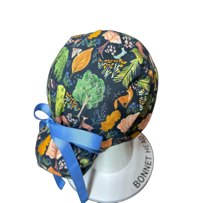Scrub Caps: Floral Forest Design, mask buttons or satin options, Bonnet Head Designs