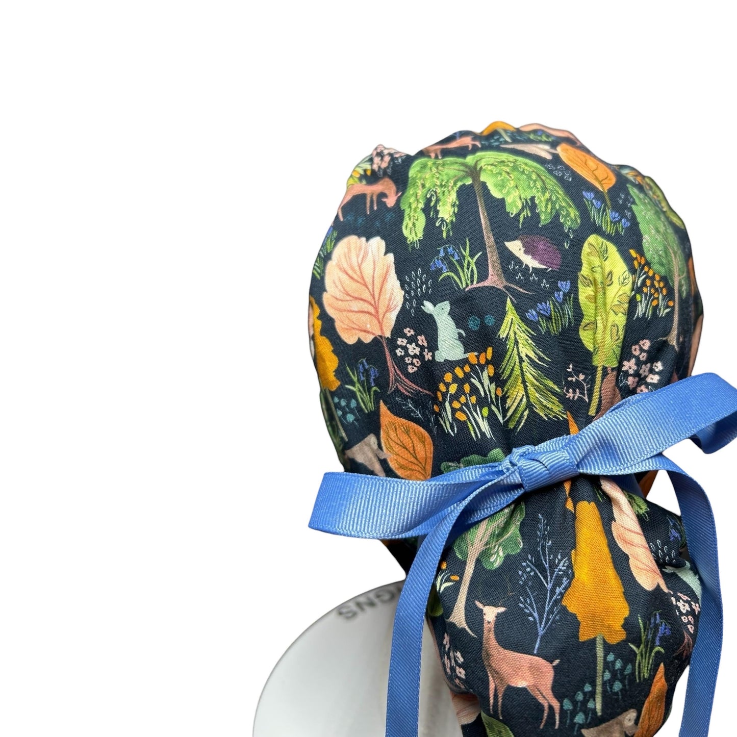 Scrub Caps: Floral Forest Design, mask buttons or satin options, Bonnet Head Designs