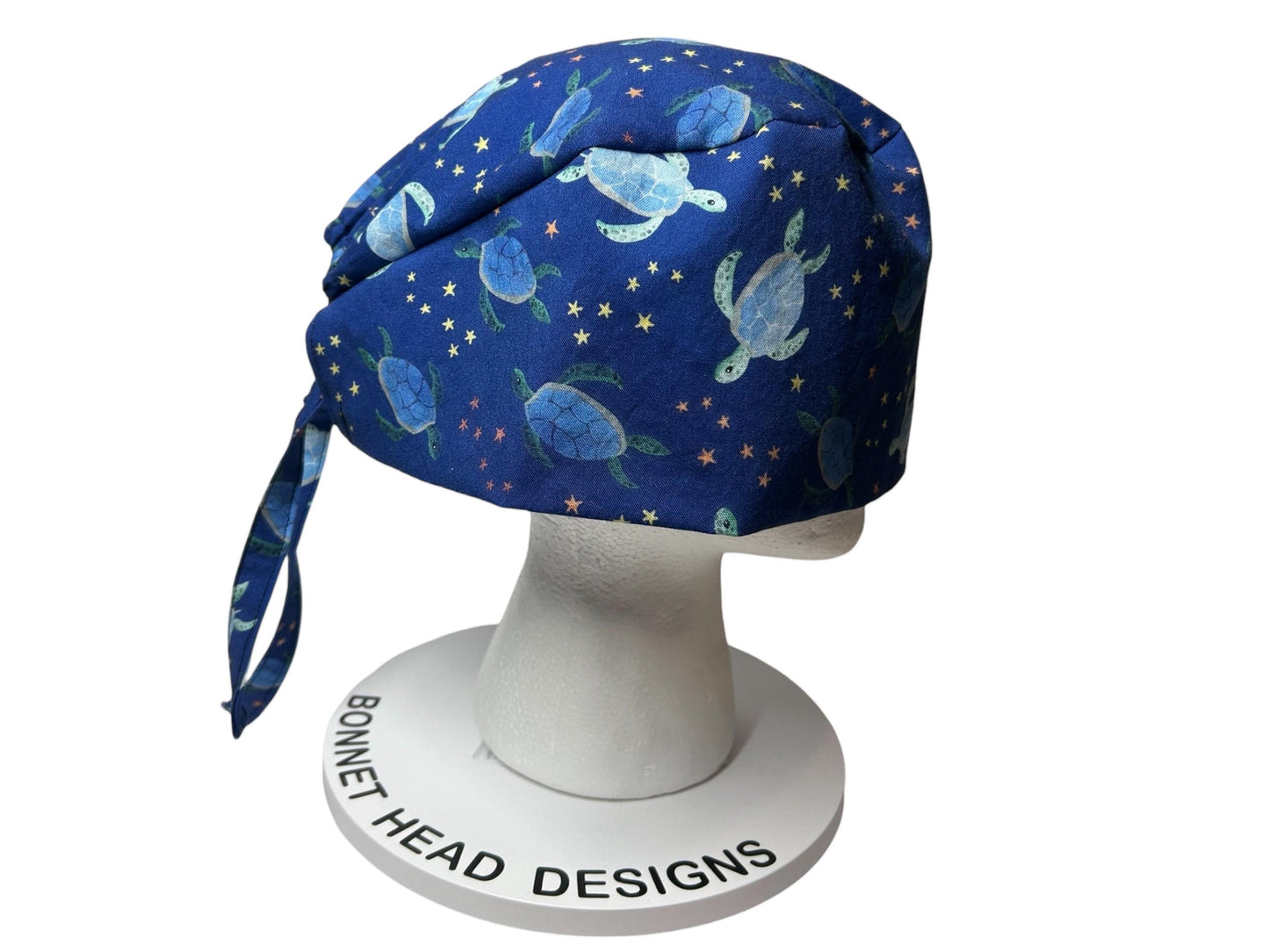 Men’s blue sea turtle print scrub cap: surgeon style with ties