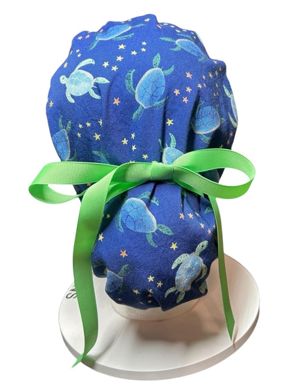 Sea Turtles and Stars Ponytail Scrub Cap- cute women’s scrub hat with ribbon ties and optional satin lining
