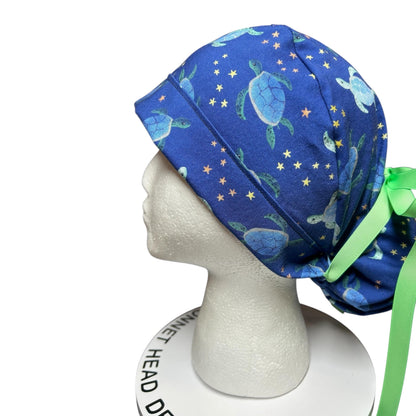 Sea Turtles and Stars Ponytail Scrub Cap- cute women’s scrub hat with ribbon ties and optional satin lining