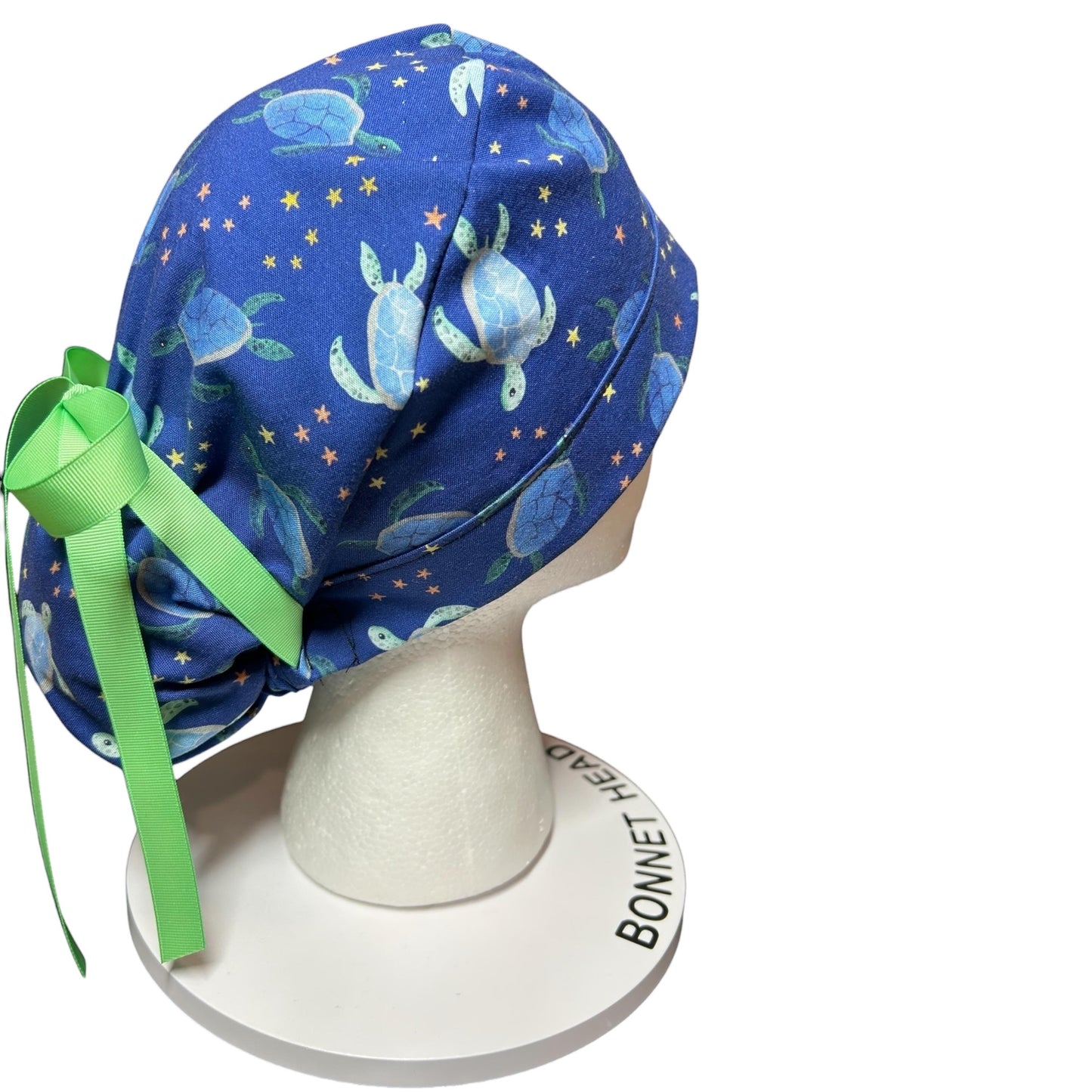 Sea Turtles and Stars Ponytail Scrub Cap- cute women’s scrub hat with ribbon ties and optional satin lining
