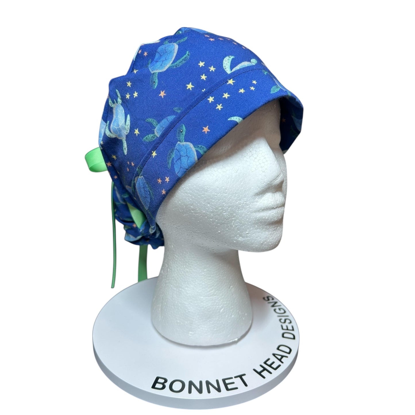 Sea Turtles and Stars Ponytail Scrub Cap- cute women’s scrub hat with ribbon ties and optional satin lining