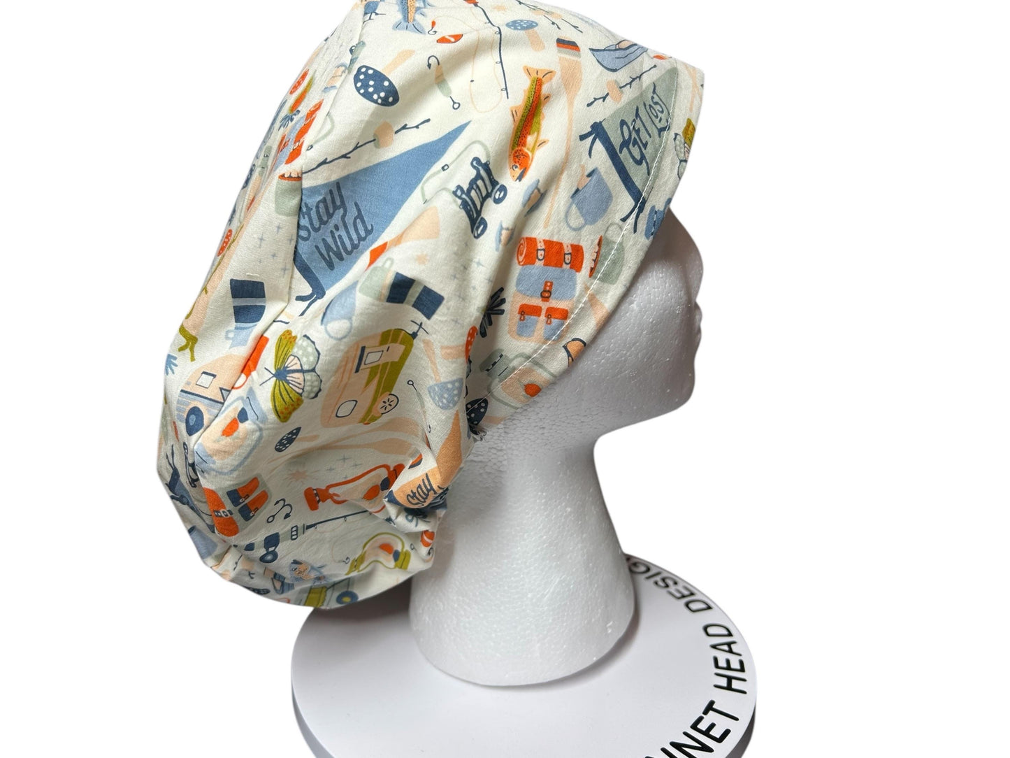 Euro Style Stay Wild Camping Themed scrub hat— satin lining optional with toggle