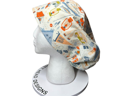Euro Style Stay Wild Camping Themed scrub hat— satin lining optional with toggle
