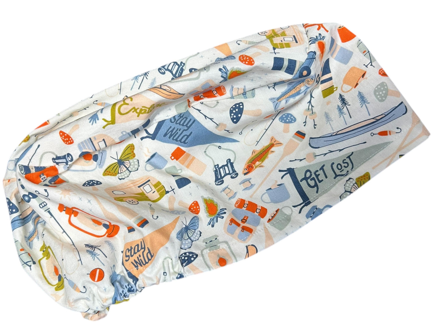 Euro Style Stay Wild Camping Themed scrub hat— satin lining optional with toggle