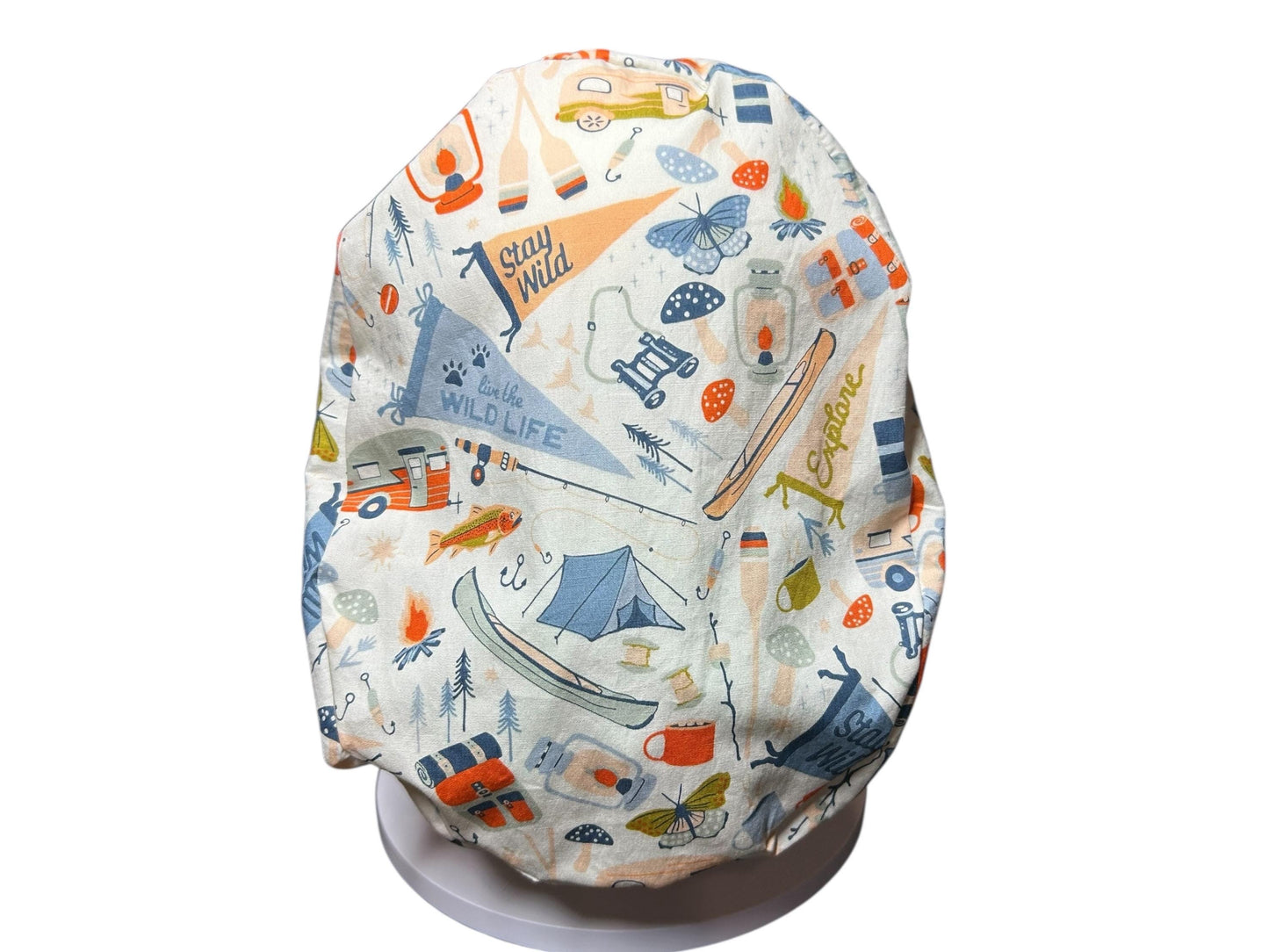 Euro Style Stay Wild Camping Themed scrub hat— satin lining optional with toggle