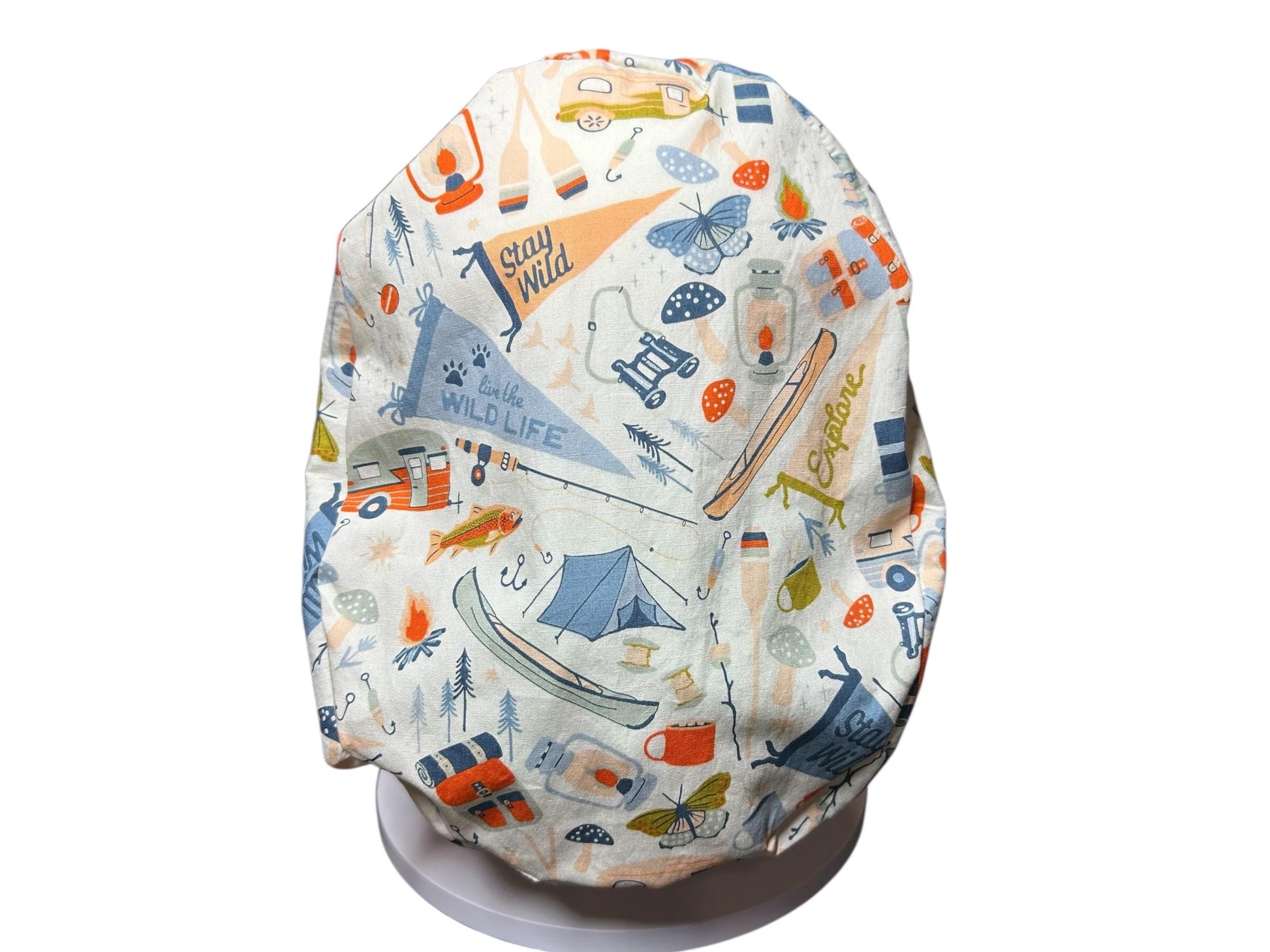 Euro Style Stay Wild Camping Themed scrub hat— satin lining optional with toggle
