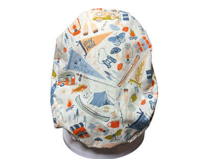 Euro Style Stay Wild Camping Themed scrub hat— satin lining optional with toggle