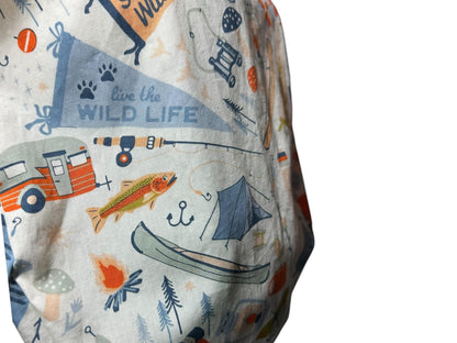 Euro Style Stay Wild Camping Themed scrub hat— satin lining optional with toggle