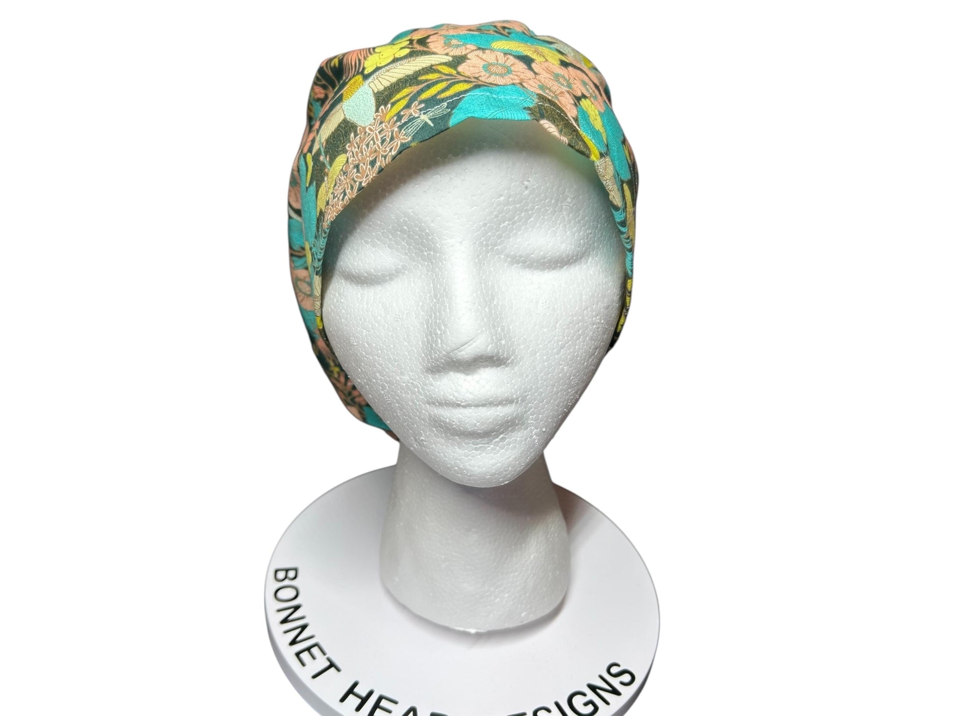 Euro Style Spring Floral with Hummingbirds Themed scrub hat— satin lining optional with toggle