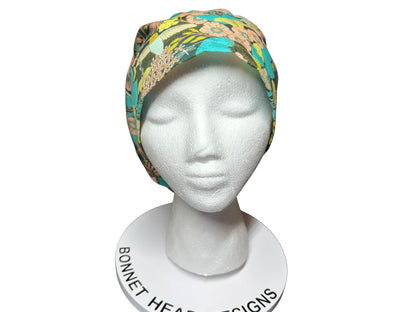 Euro Style Spring Floral with Hummingbirds Themed scrub hat— satin lining optional with toggle