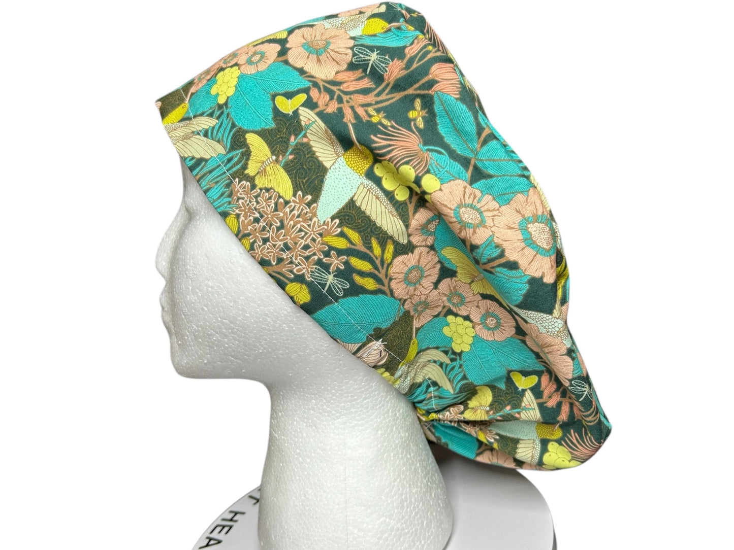 Euro Style Spring Floral with Hummingbirds Themed scrub hat— satin lining optional with toggle