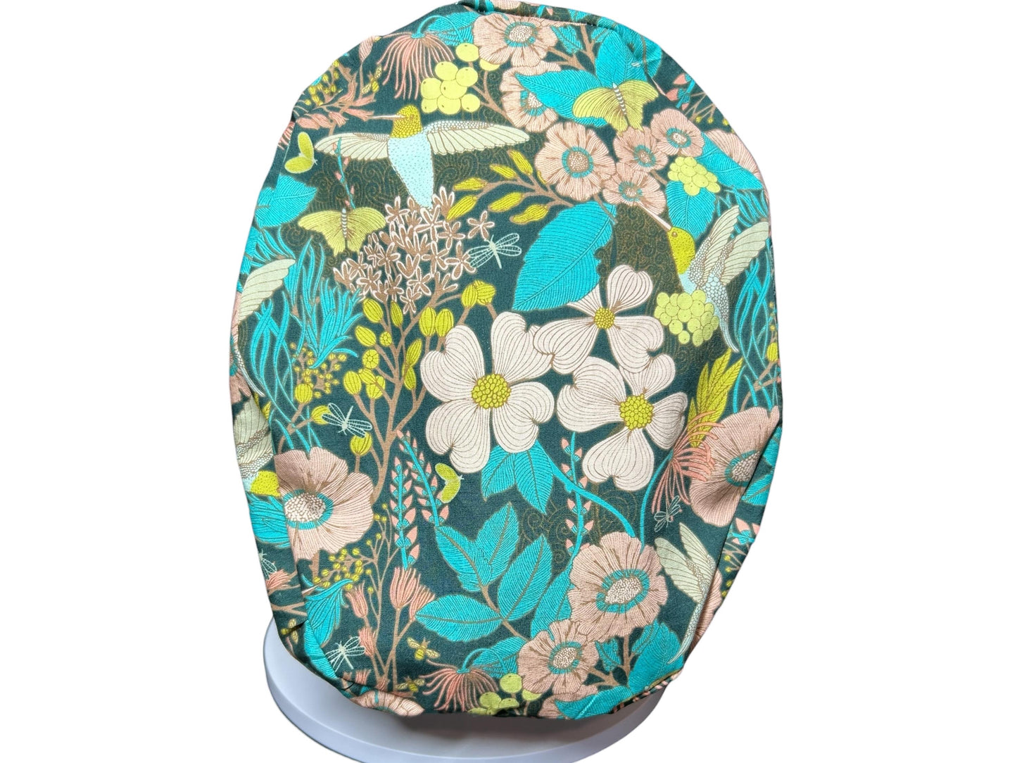 Euro Style Spring Floral with Hummingbirds Themed scrub hat— satin lining optional with toggle