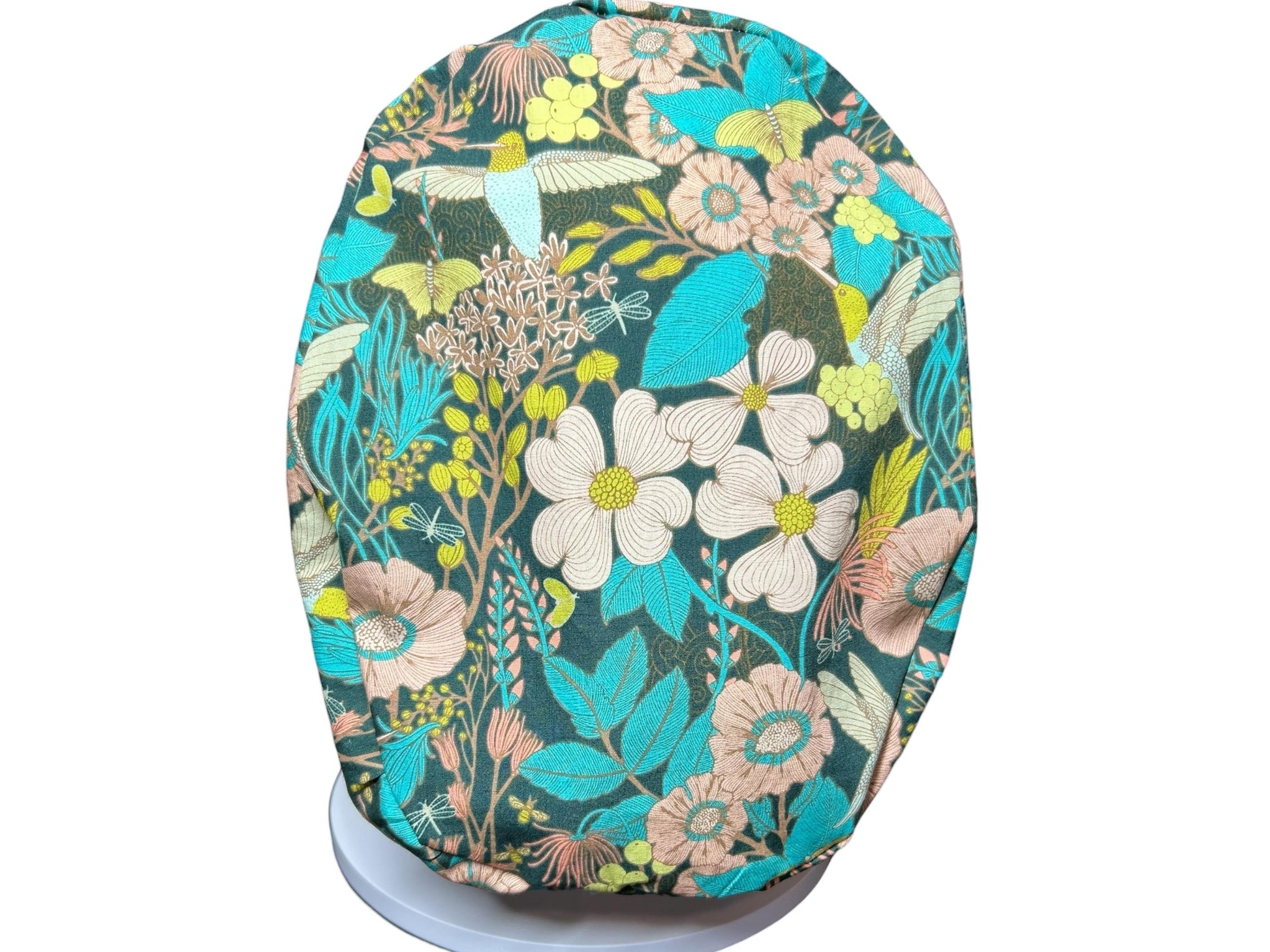 Euro Style Spring Floral with Hummingbirds Themed scrub hat— satin lining optional with toggle