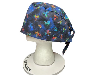 Scrub cap for men: dragon print surgeon style with ties